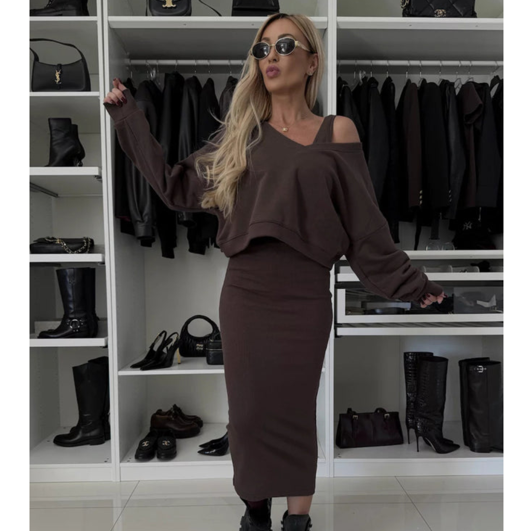 Simona | Set con top a spalla fredda e gonna midi