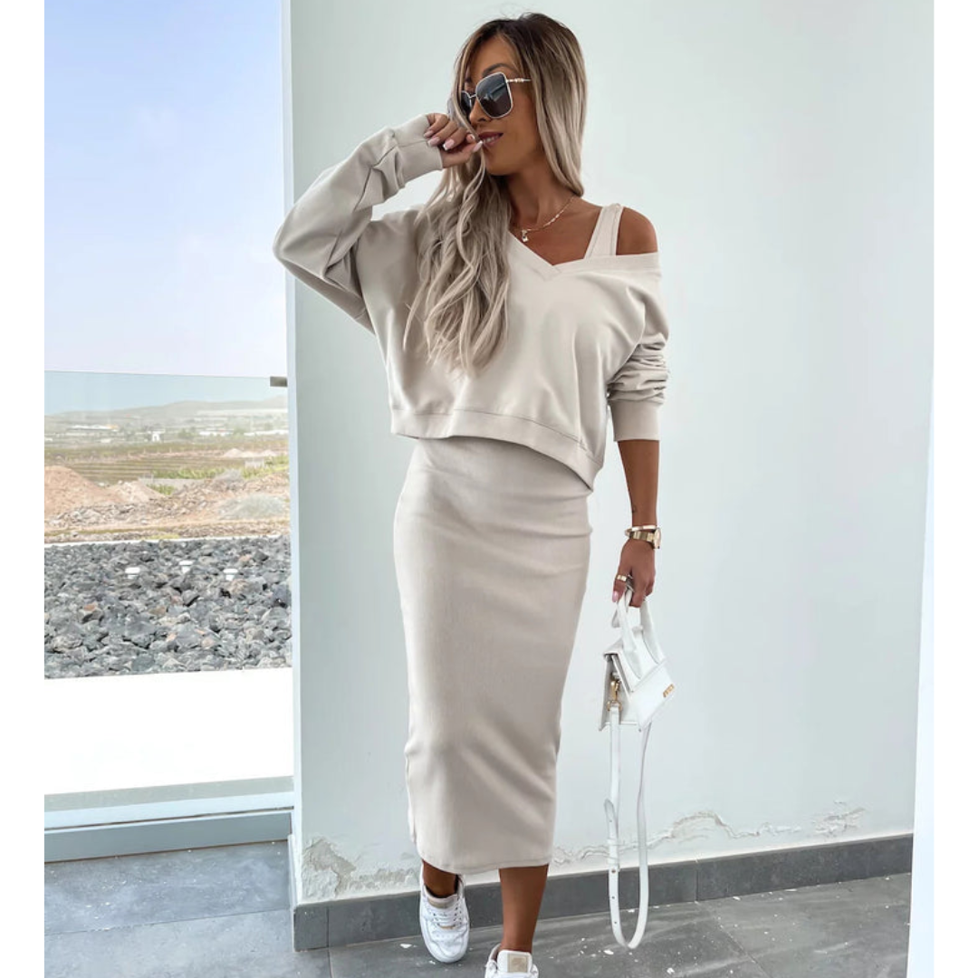 Simona | Set con top a spalla fredda e gonna midi