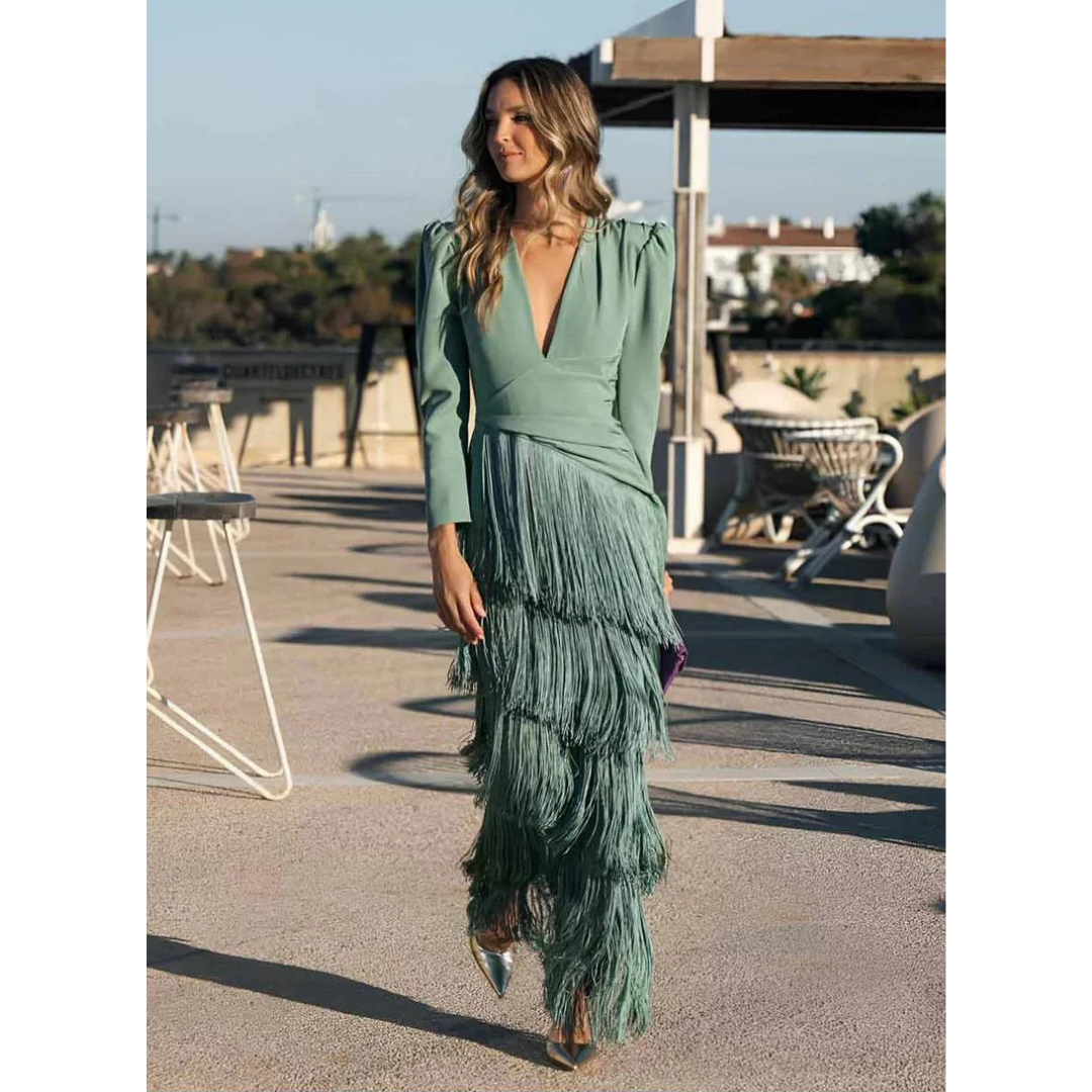 Elena | Elegante Abito da Sera con Frange e Scollo a V