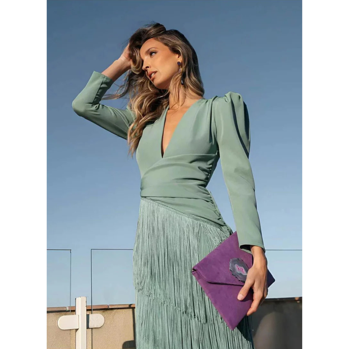 Elena | Elegante Abito da Sera con Frange e Scollo a V