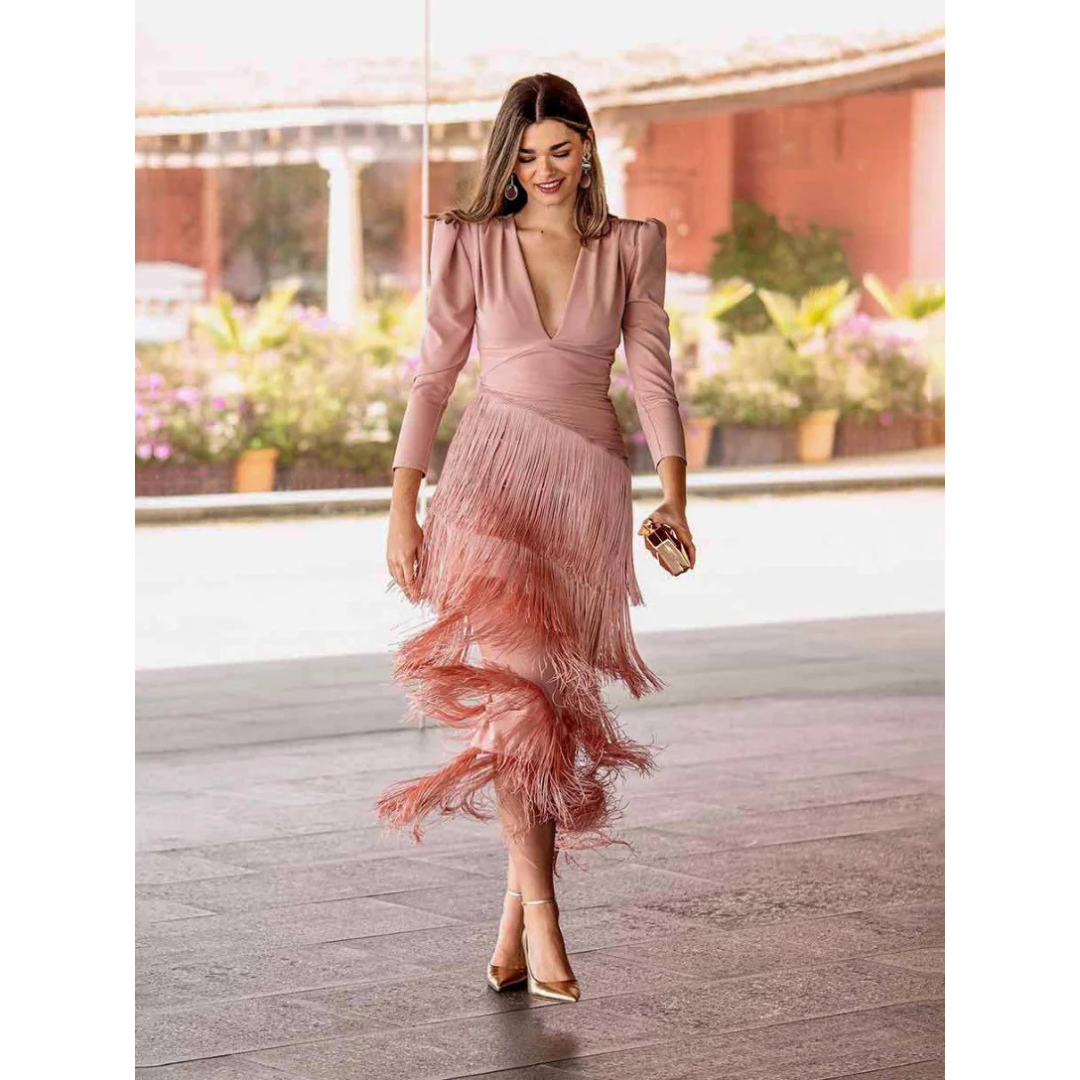 Elena | Elegante Abito da Sera con Frange e Scollo a V