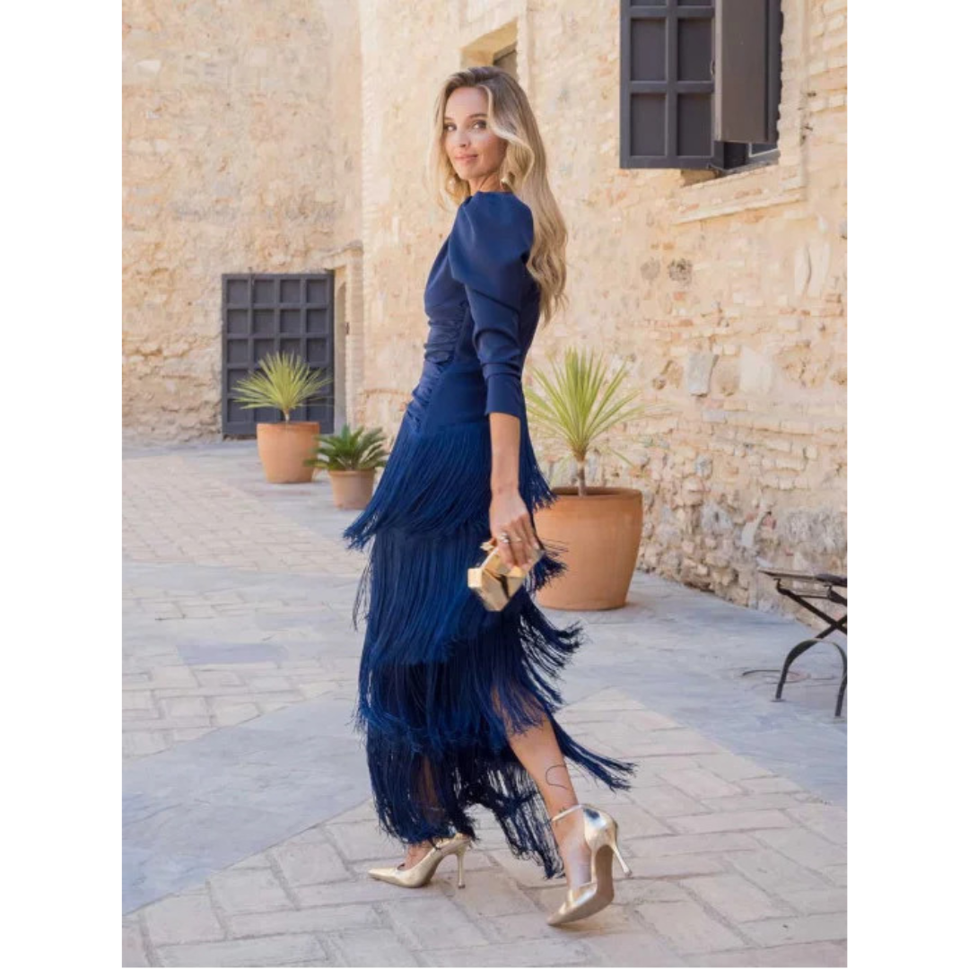 Elena | Elegante Abito da Sera con Frange e Scollo a V