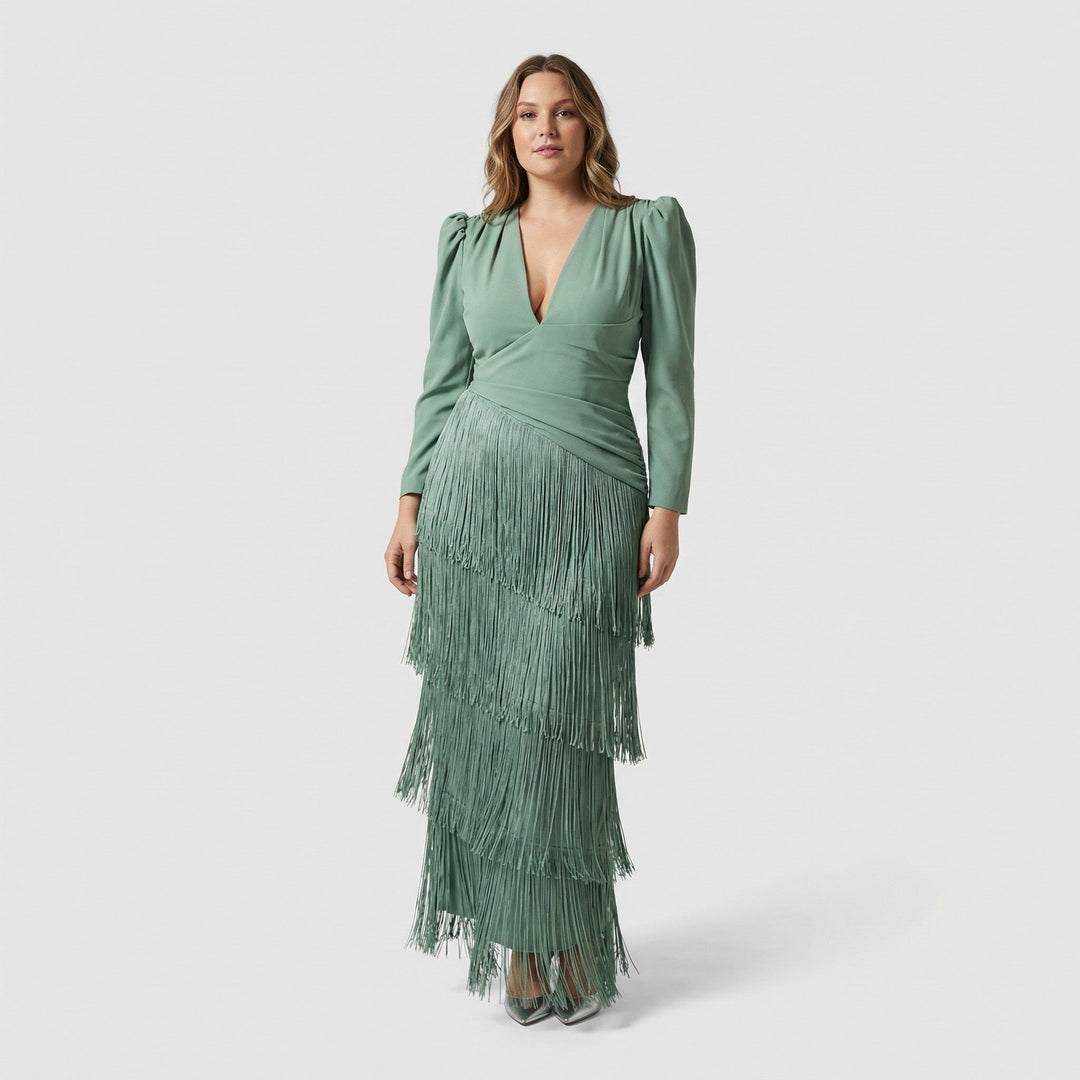 Elena | Elegante Abito da Sera con Frange e Scollo a V