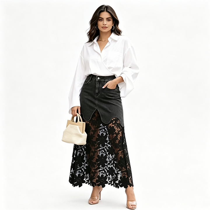 Cecilia | Gonna in Denim con Orlo in Pizzo