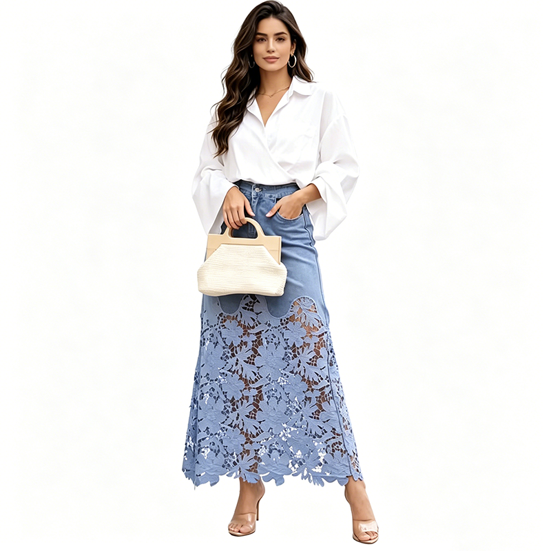 Cecilia | Gonna in Denim con Orlo in Pizzo